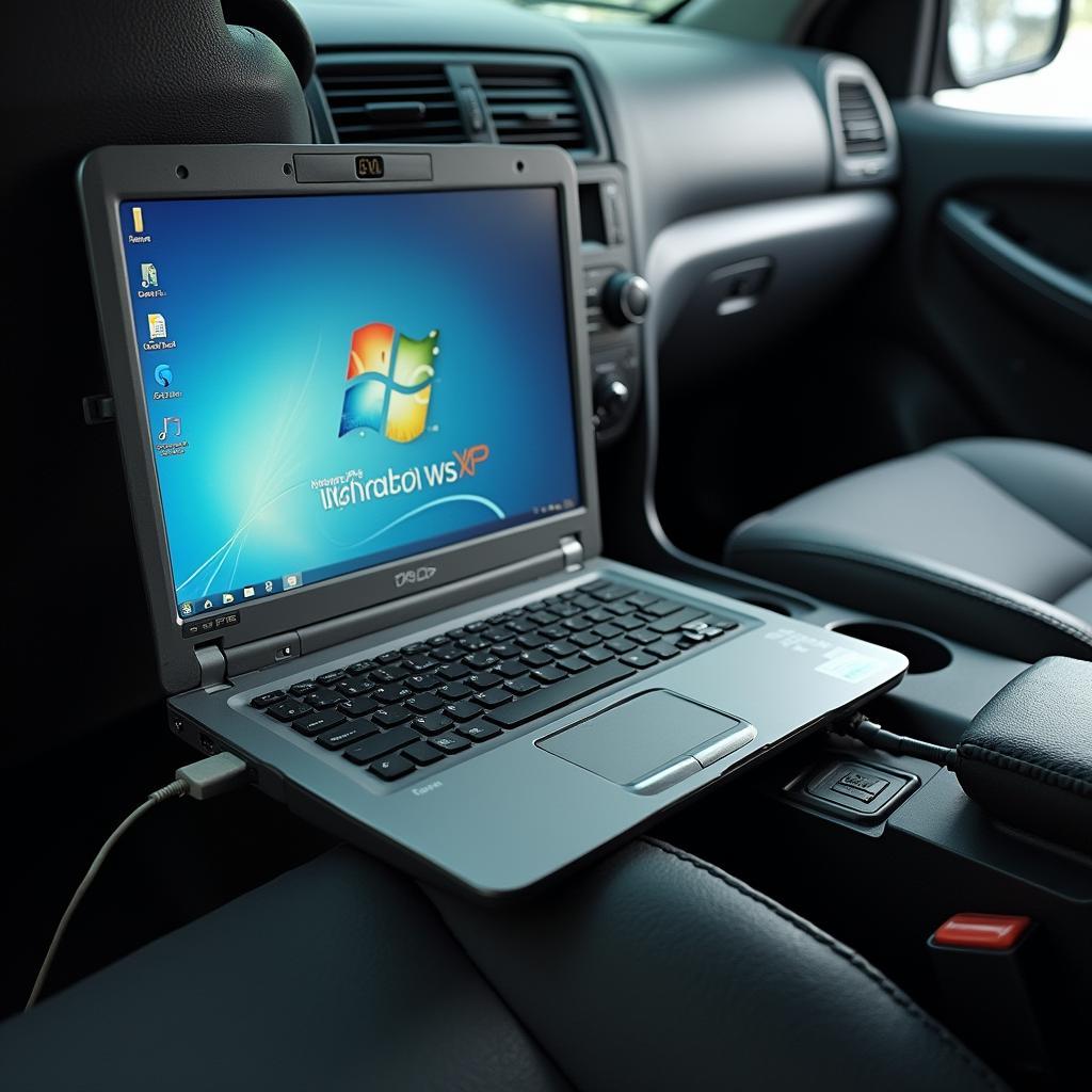 Old Windows XP laptop connected to a car's OBD port