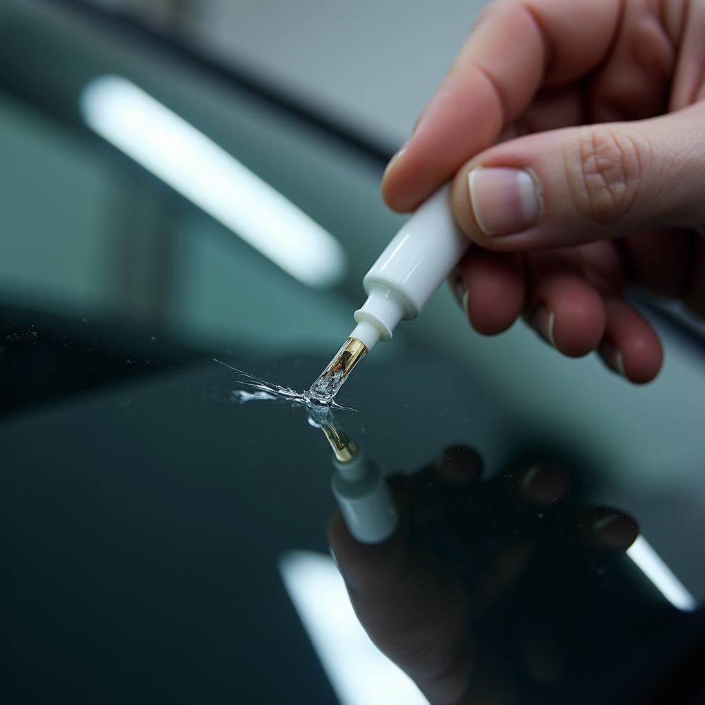 Windshield chip repair in progress