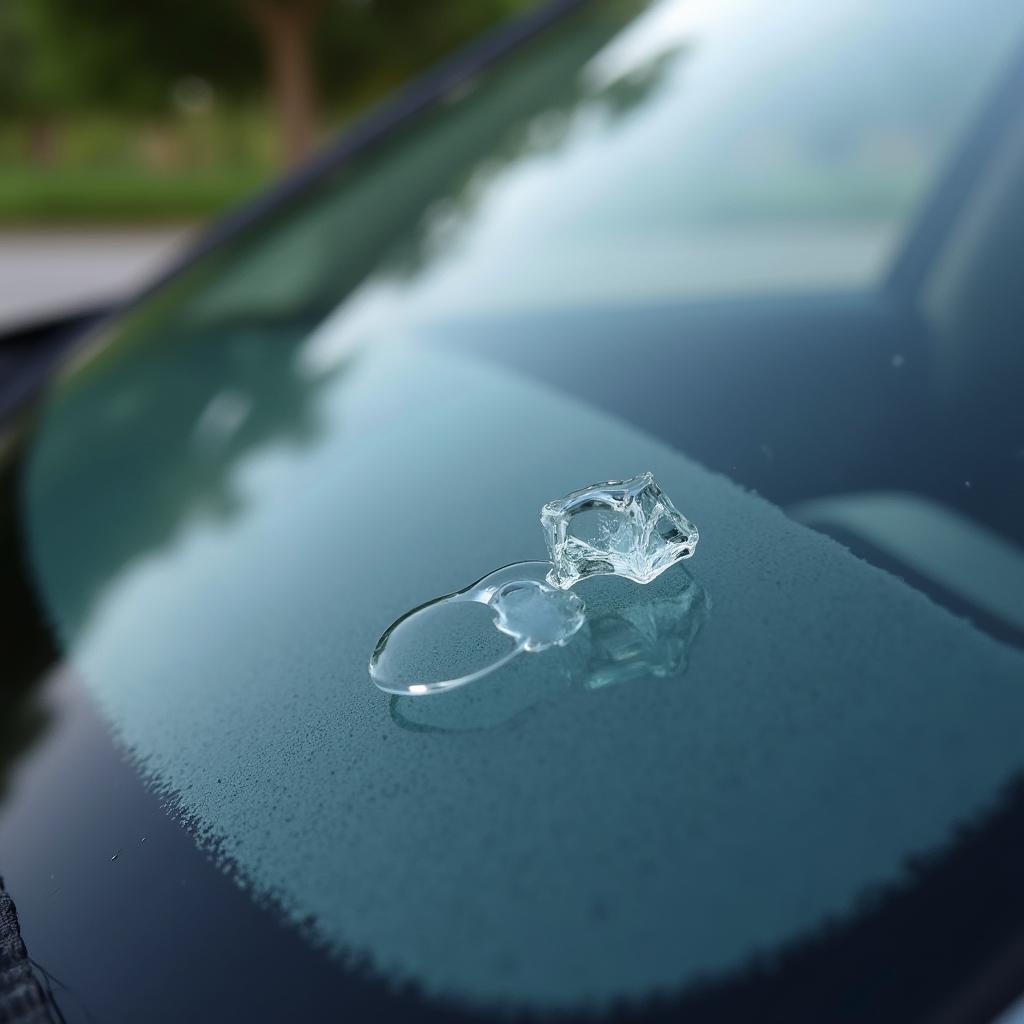 Close-up of a small chip in a car windshield