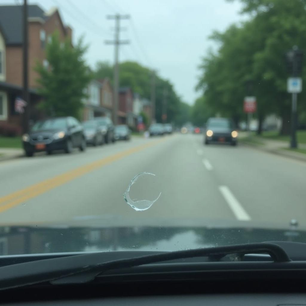 Close-up of a windshield chip in Waukesha