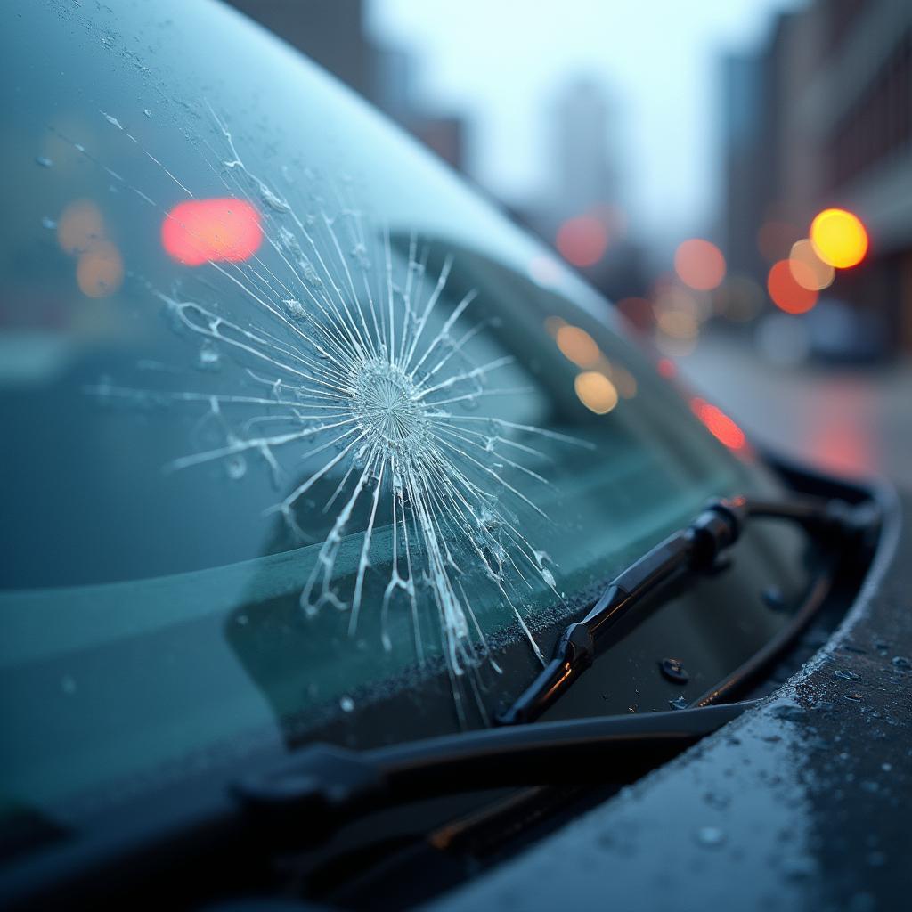 Car windshield with a crack from Chicago weather