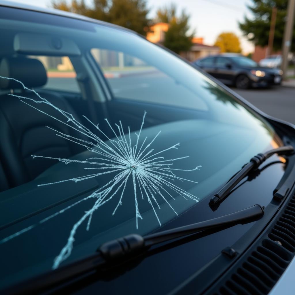 Car windshield with a large crack caused by heat