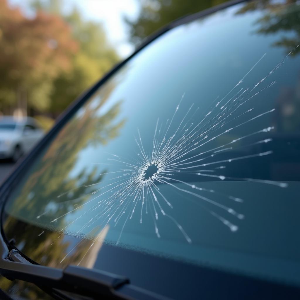 Close-up of a windshield crack on a car in Silver Spring, MD