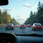 Windshield damage obstructing view of Seattle traffic