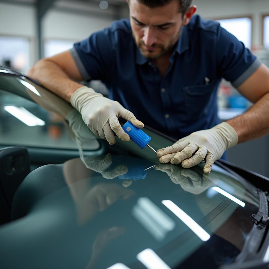 Technician repairing a windshield in Calgary