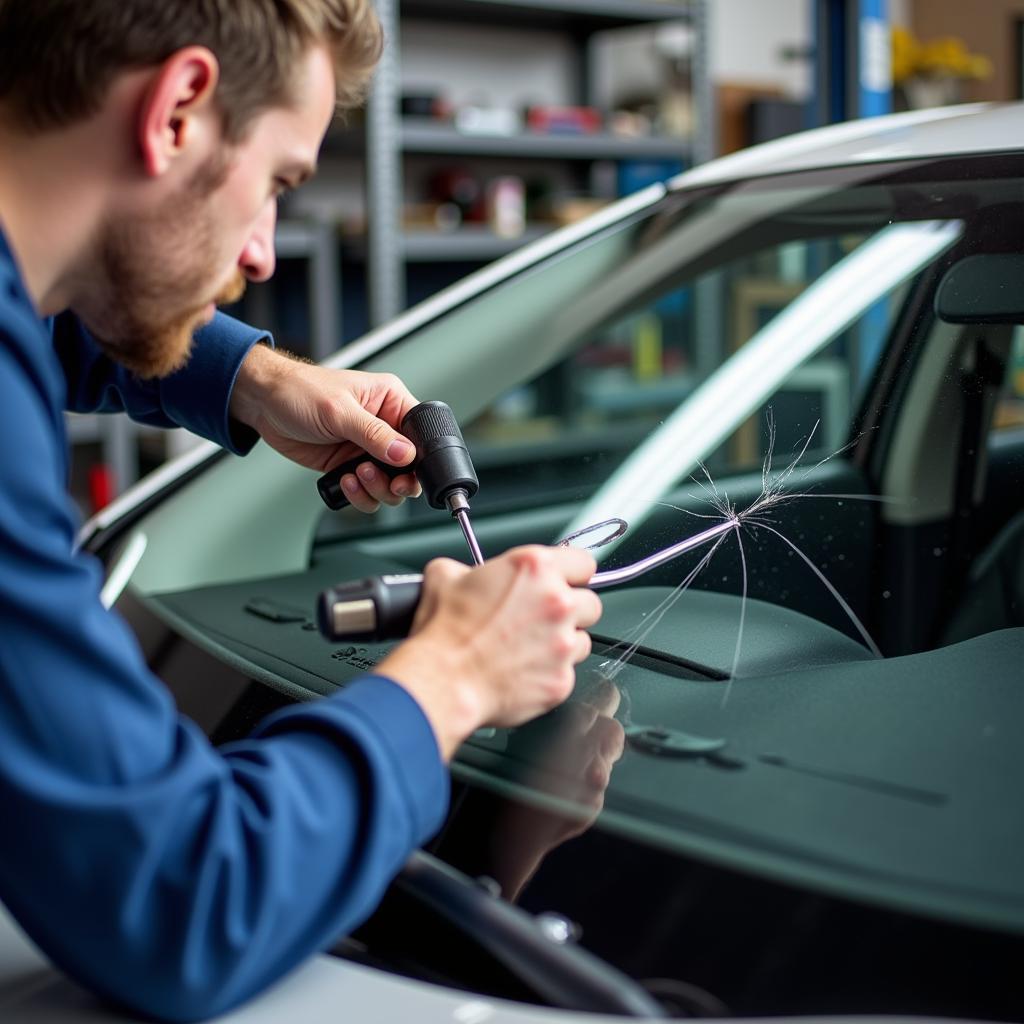 windshield repair in progress at a Peterborough shop