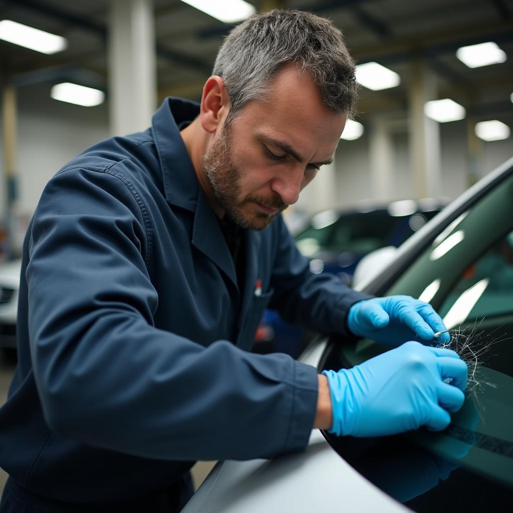 Technician repairing a windshield in a shop in Lafayette, CA