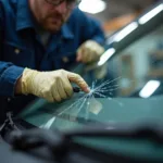 Close-up of a technician repairing a windshield crack in Tahlequah