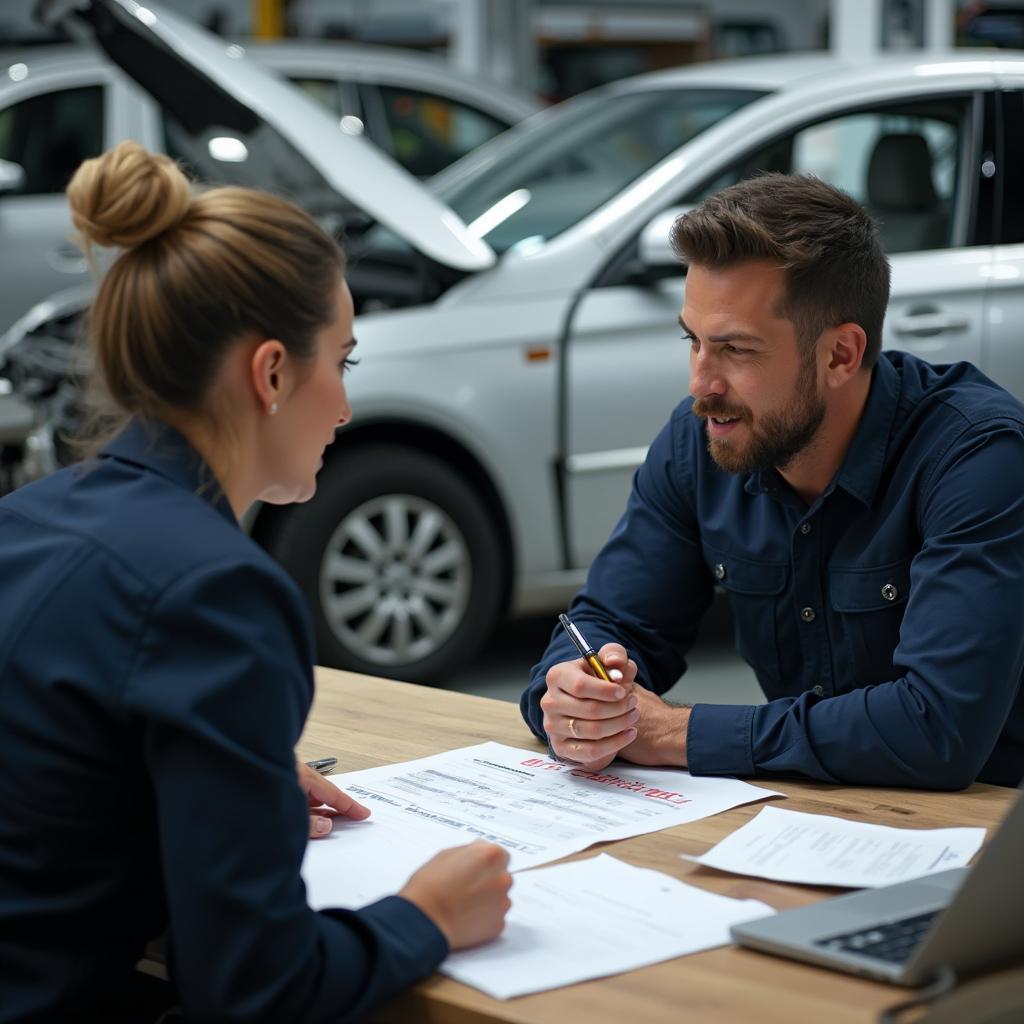 Car owner discussing repair estimate with a service advisor 