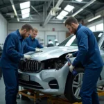 Team of skilled technicians working on a car body repair