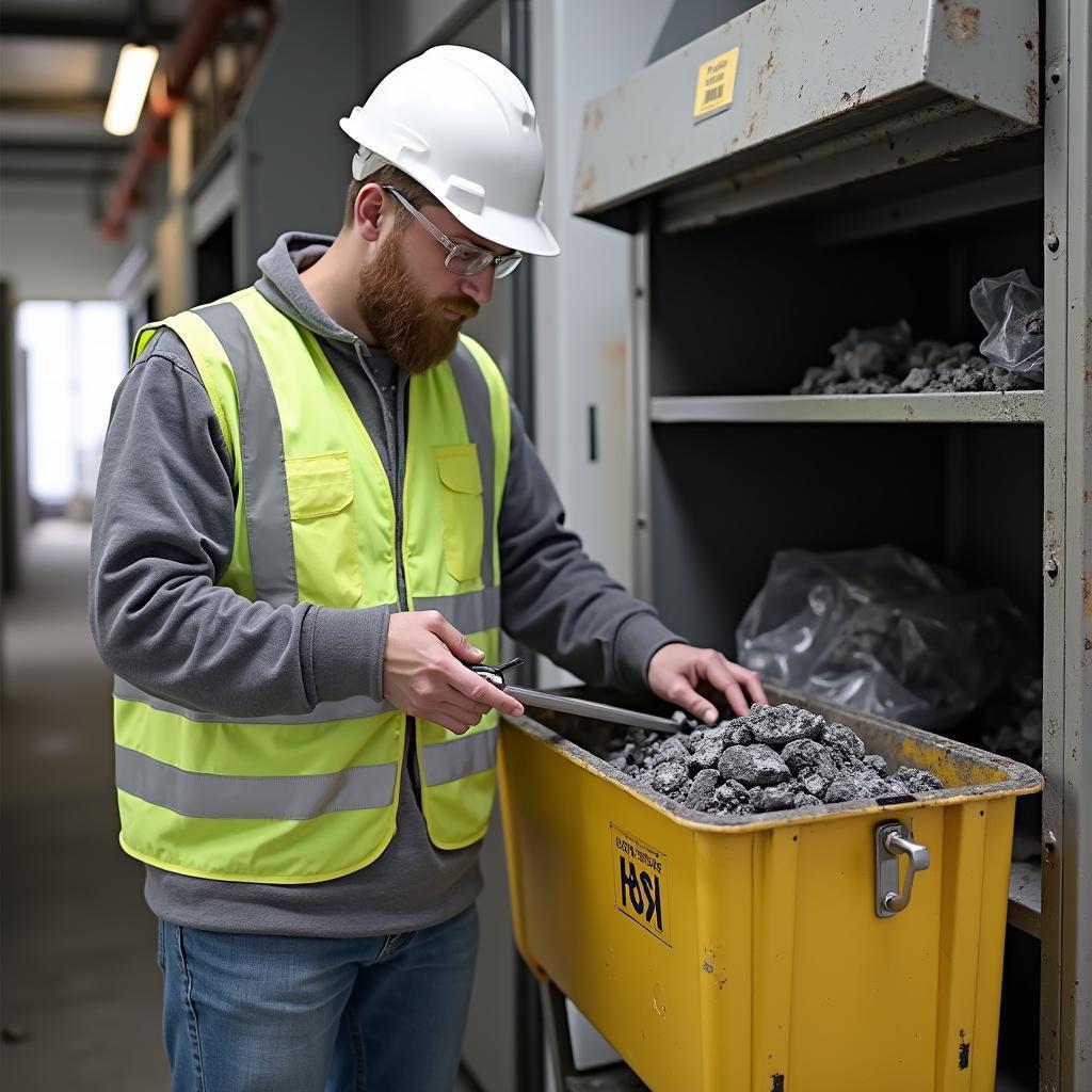 A worker properly disposing of ash in a well-equipped station