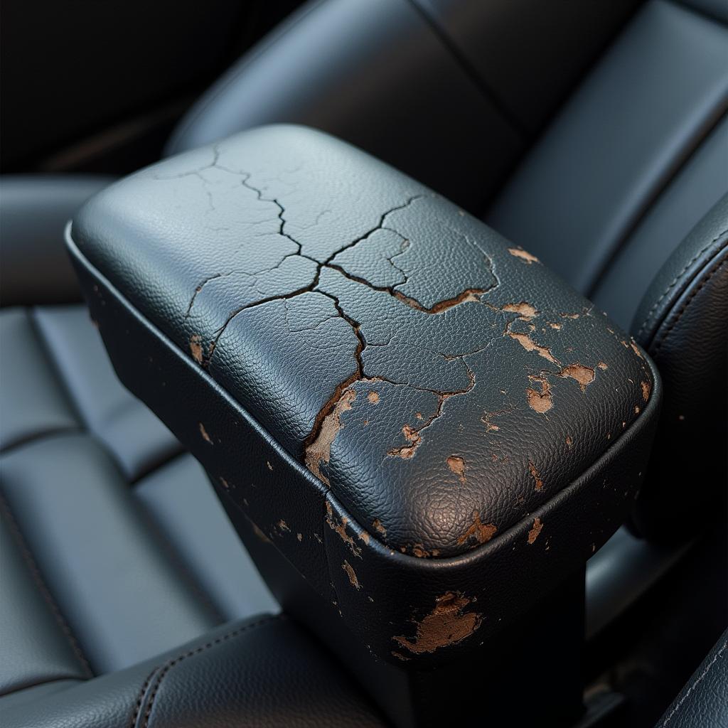 Worn leather car seat bolster showing cracks and discoloration