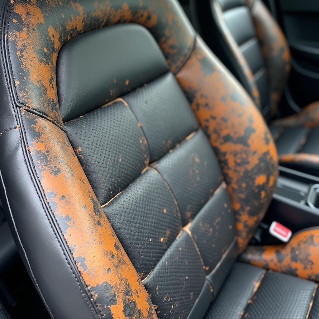 Worn-out car seat with visible cracks and discoloration.