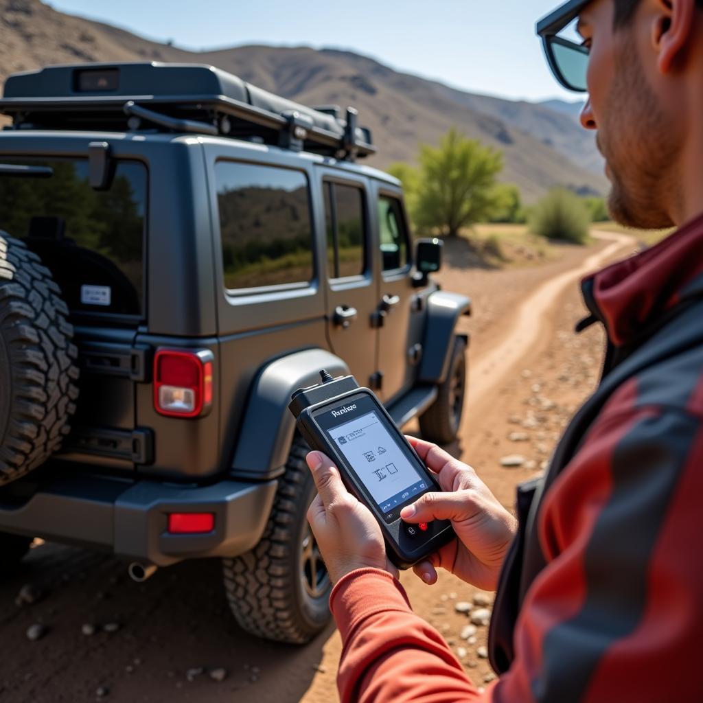 4x4 Enthusiast Using OBD2 Scanner on the Trail