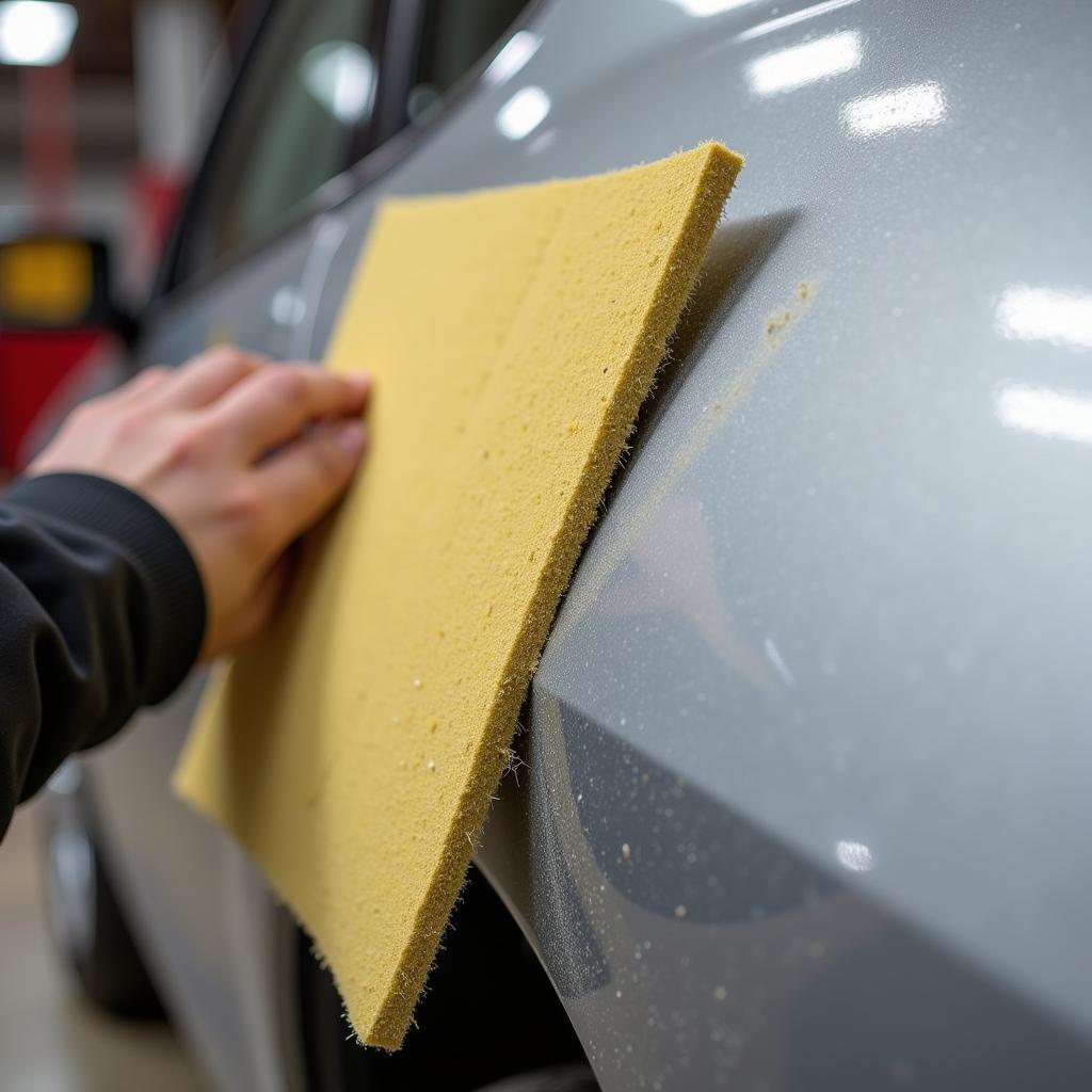 Sanding a car panel with 800 grit sandpaper