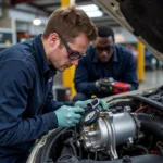 Technician Repairing Car AC Compressor