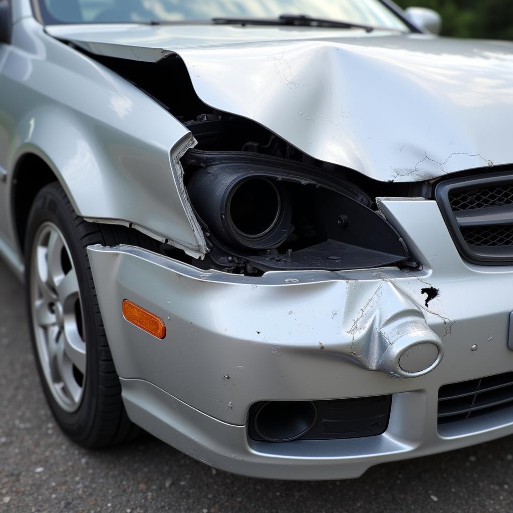 Car with significant damage to the front bumper and hood