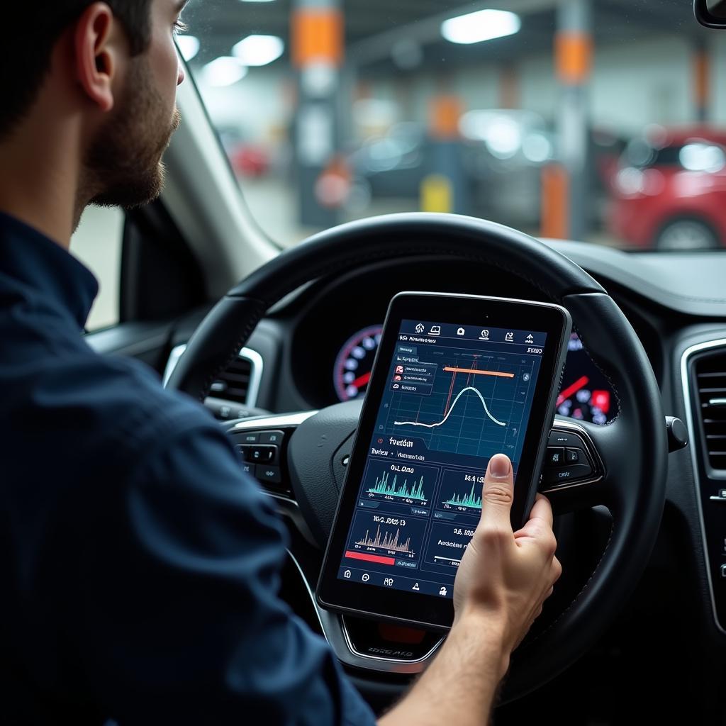 Advanced Car Diagnostic Tool in a Repair Shop