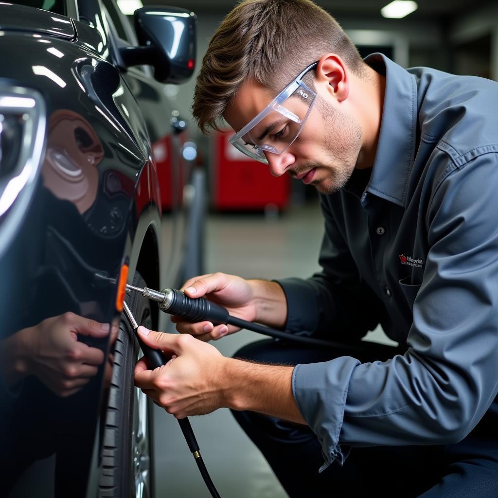 Experienced car body repair technician in Aldershot working on dent removal.