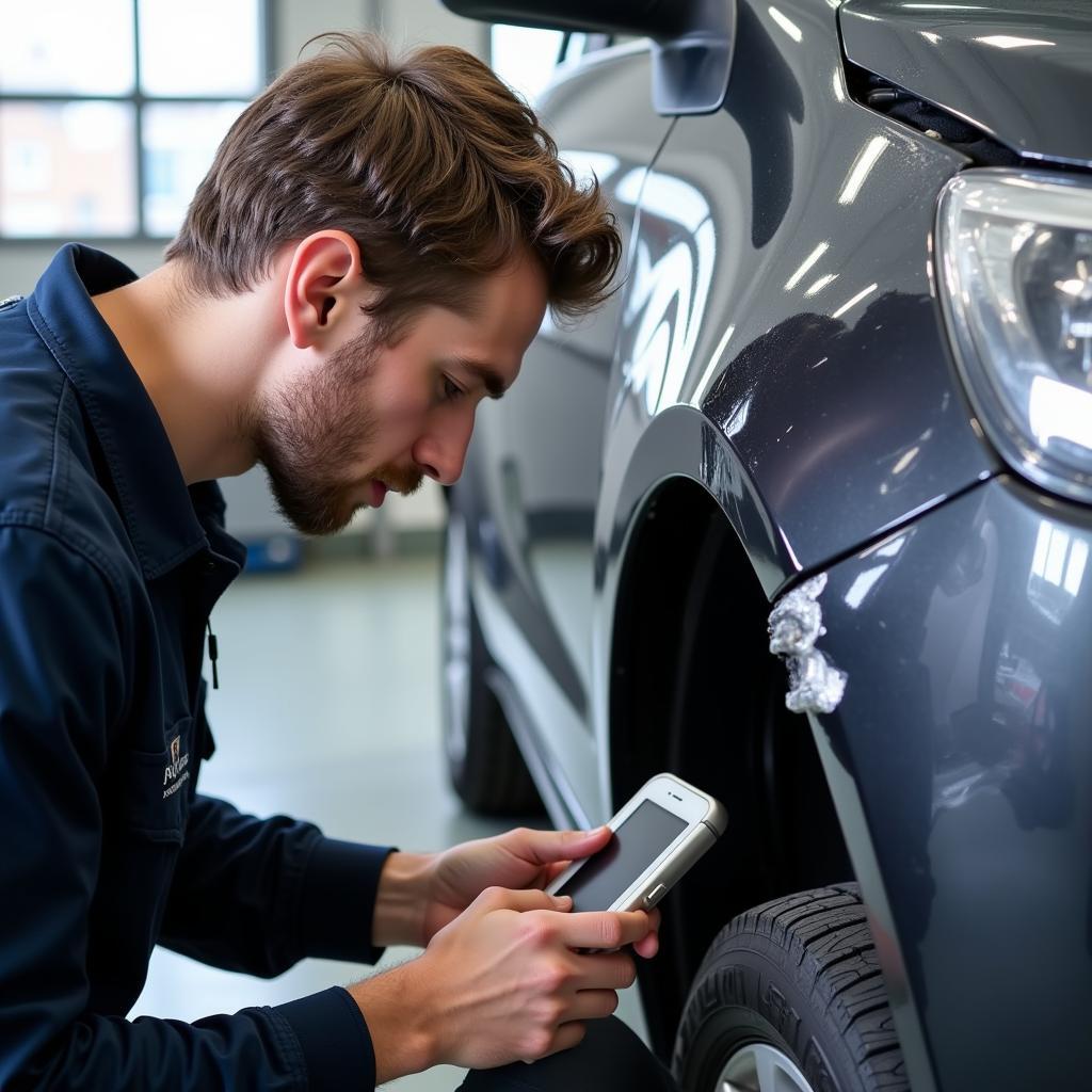 Skilled Technician Inspecting Vehicle Damage at Apollo Car Body Repairs Cheltenham