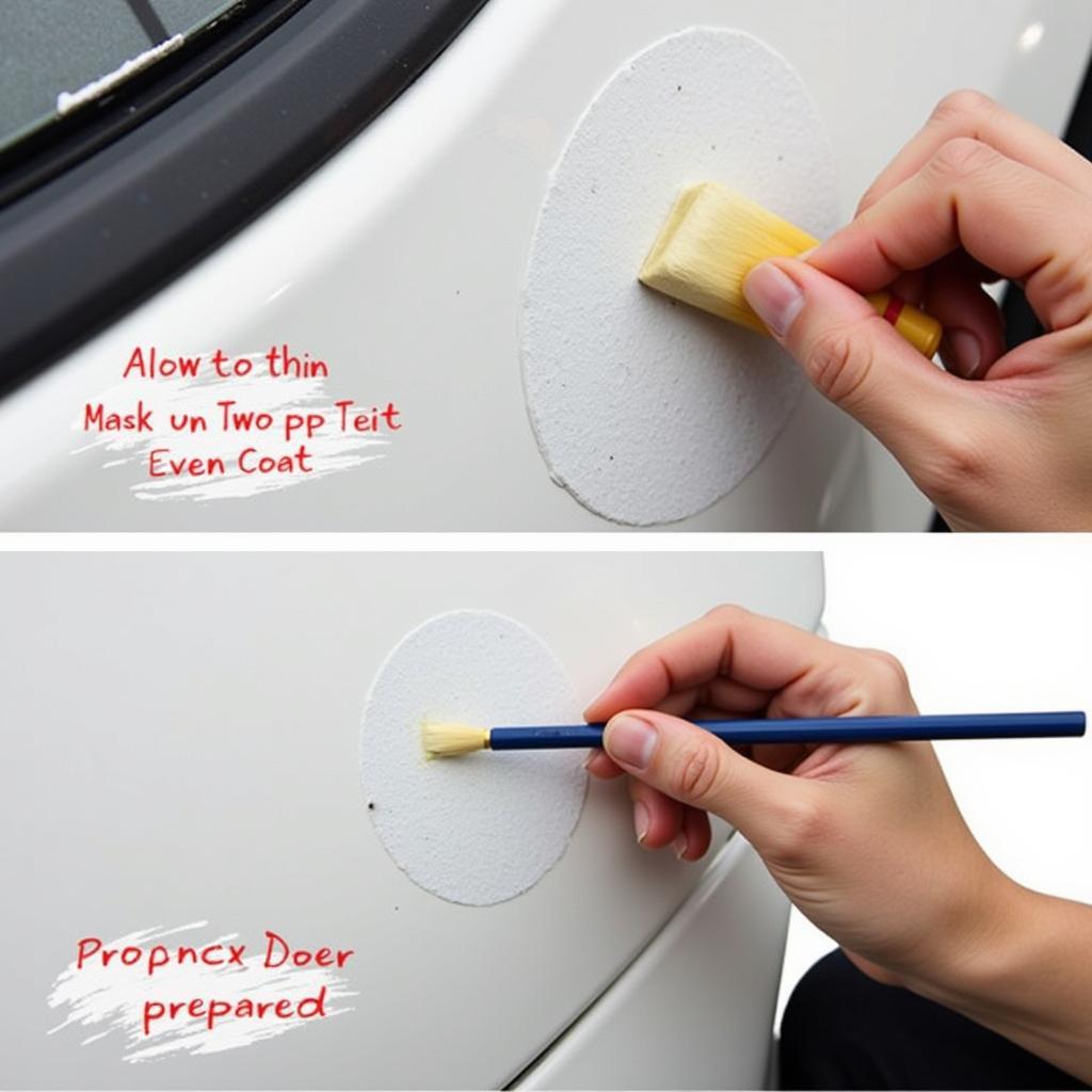 Step-by-step application of a car paint chip repair kit, showcasing cleaning, surface preparation, paint application, levelling, and clear coat application.