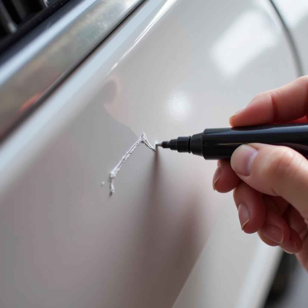 Applying Car Scratch Repair Pen to Scratched Car Door