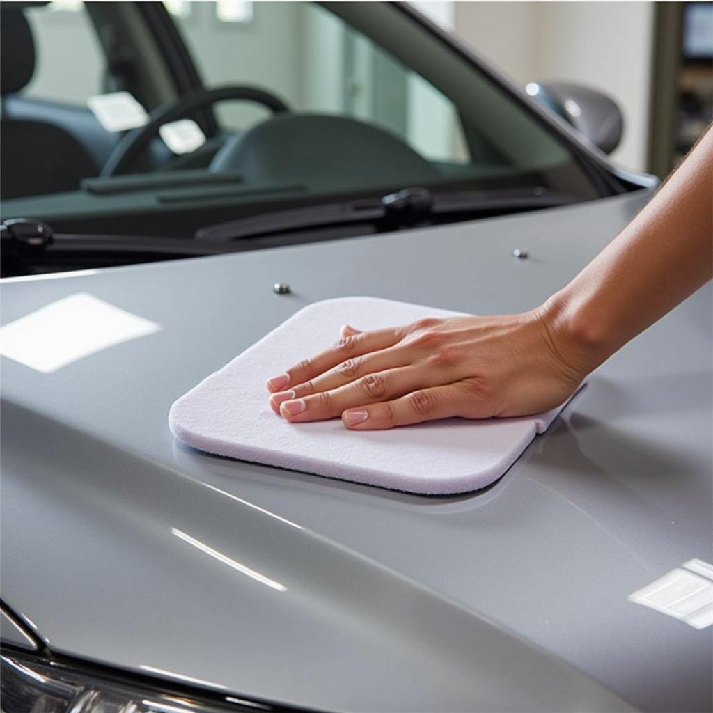 Applying car wax to protect the paint from sun damage