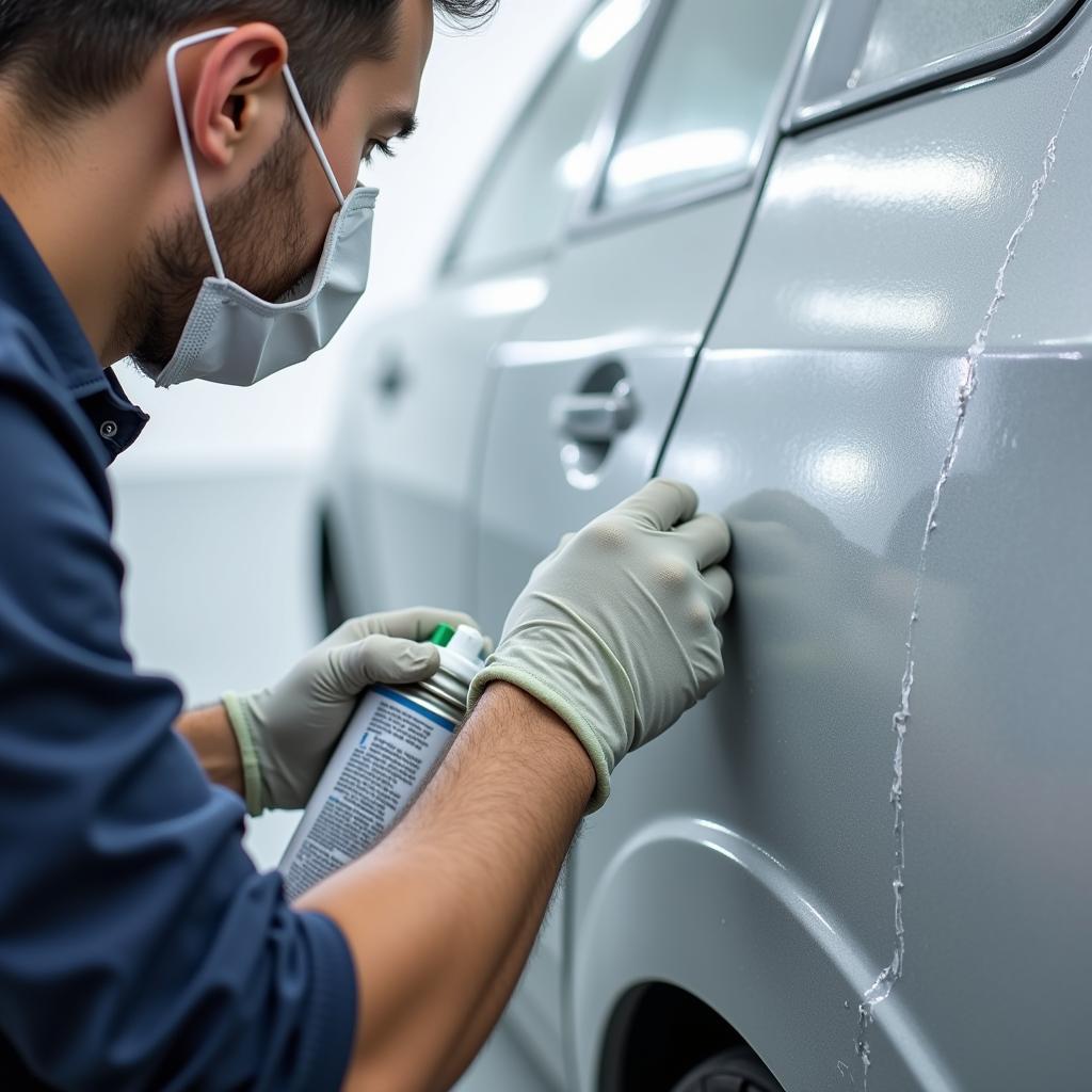 Applying Clear Coat Spray to Car Panel