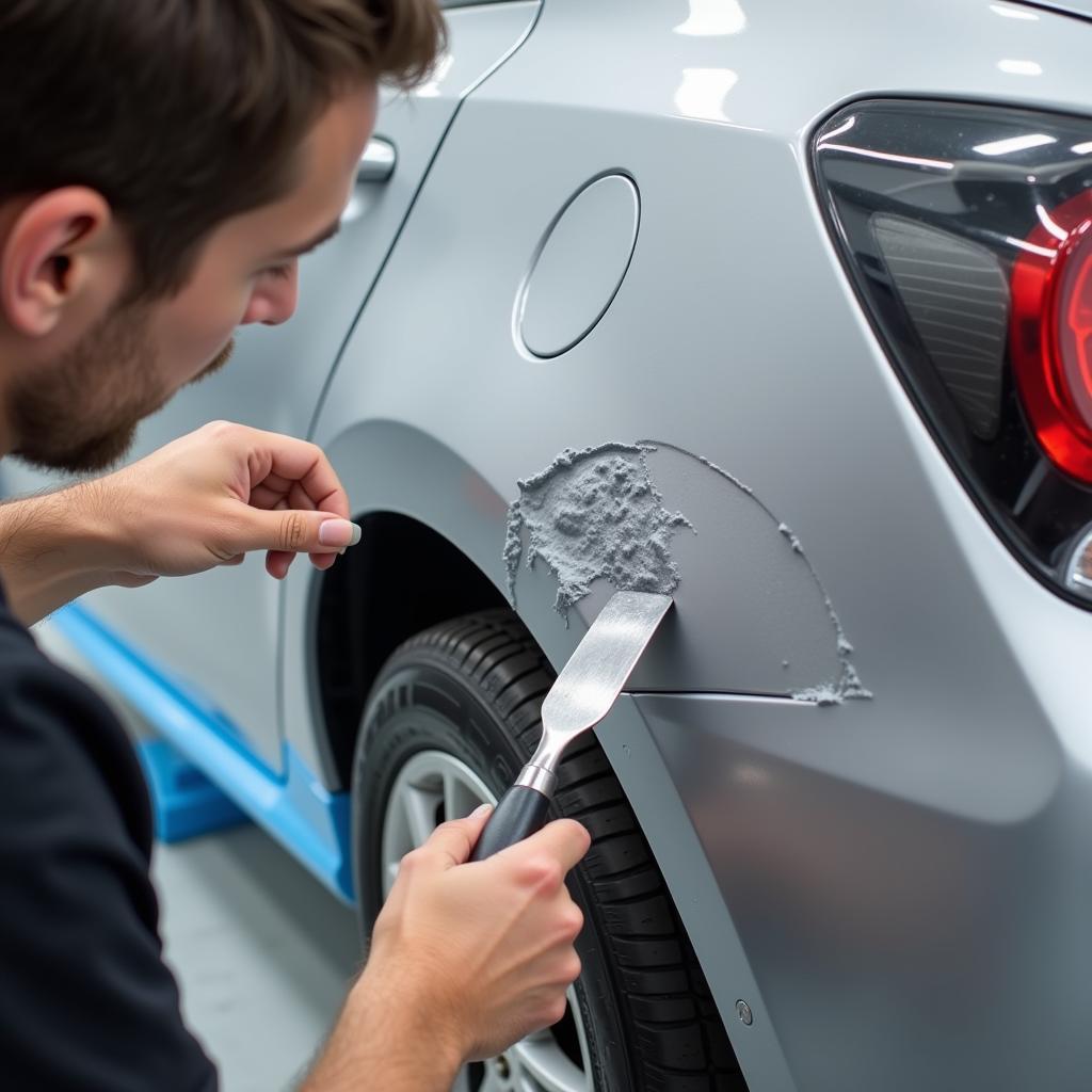 Applying Filler to Bumper Dent