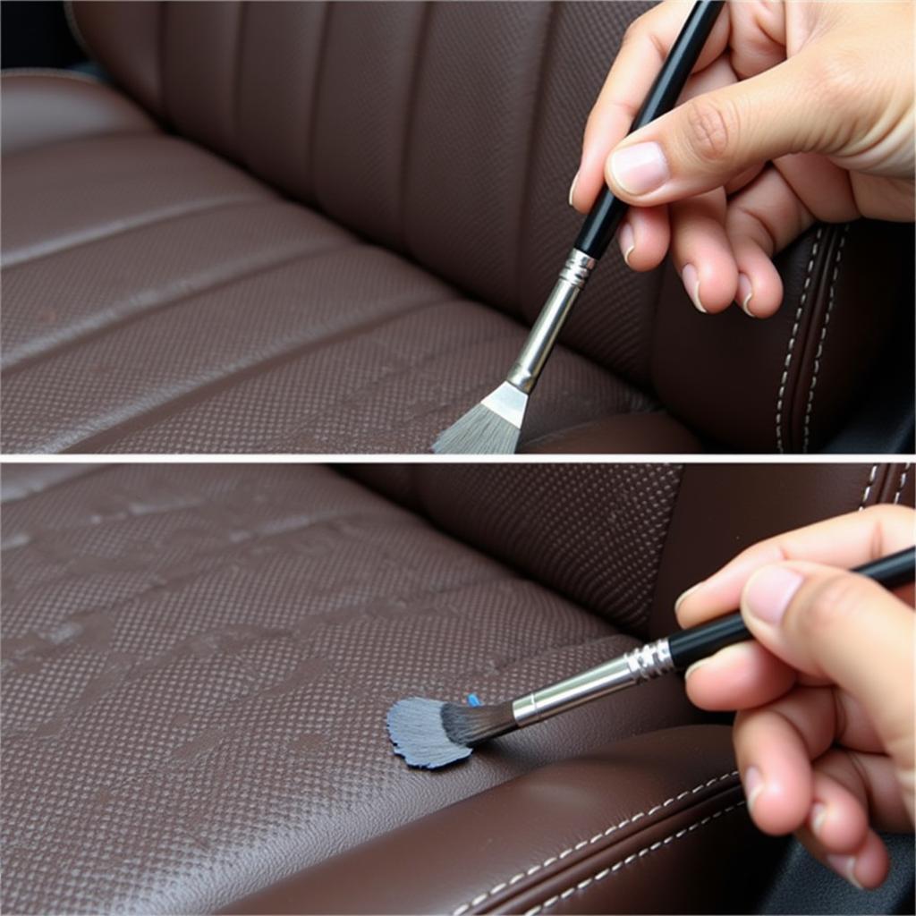 Applying leather repair paint with a small brush to a damaged car seat