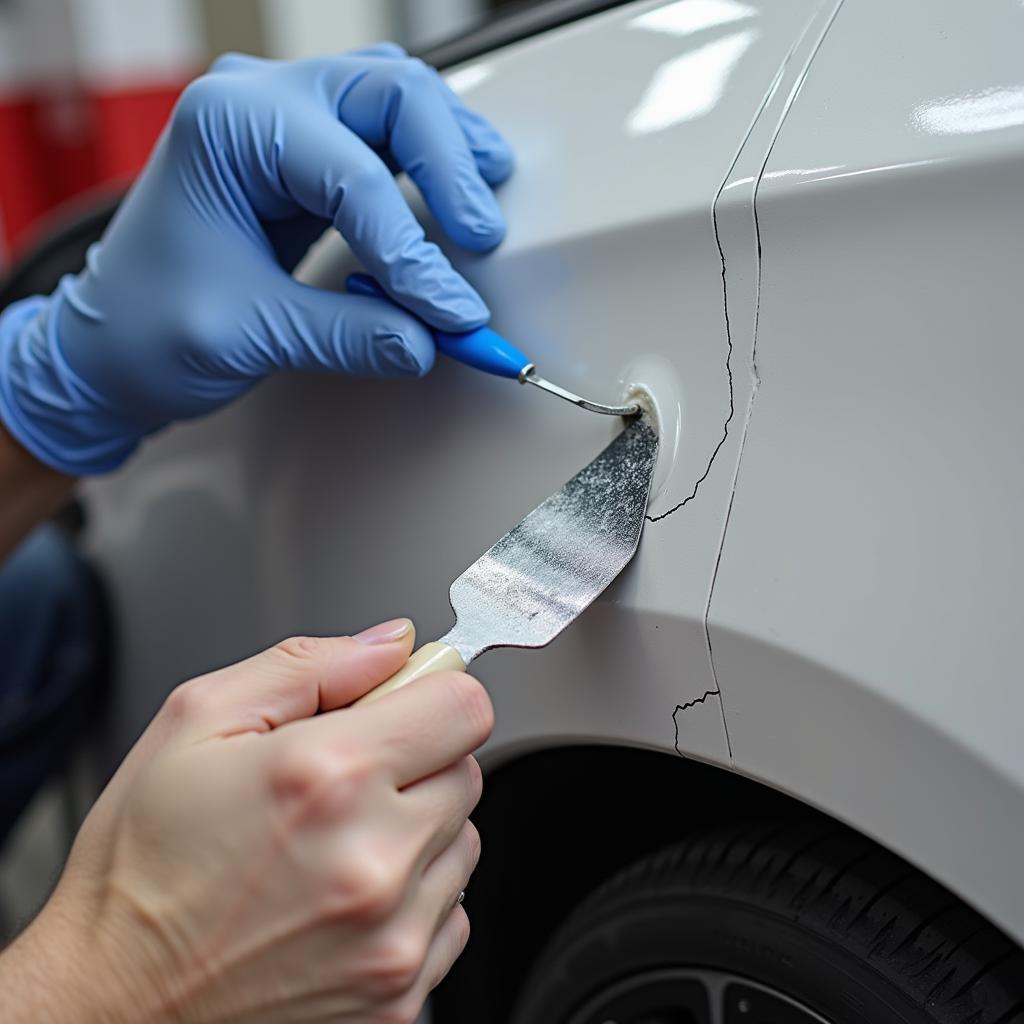 Applying Plastic Filler to a Damaged Car Bumper