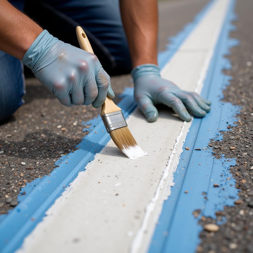 Applying primer to a road chip on a car using a fine-tipped brush.