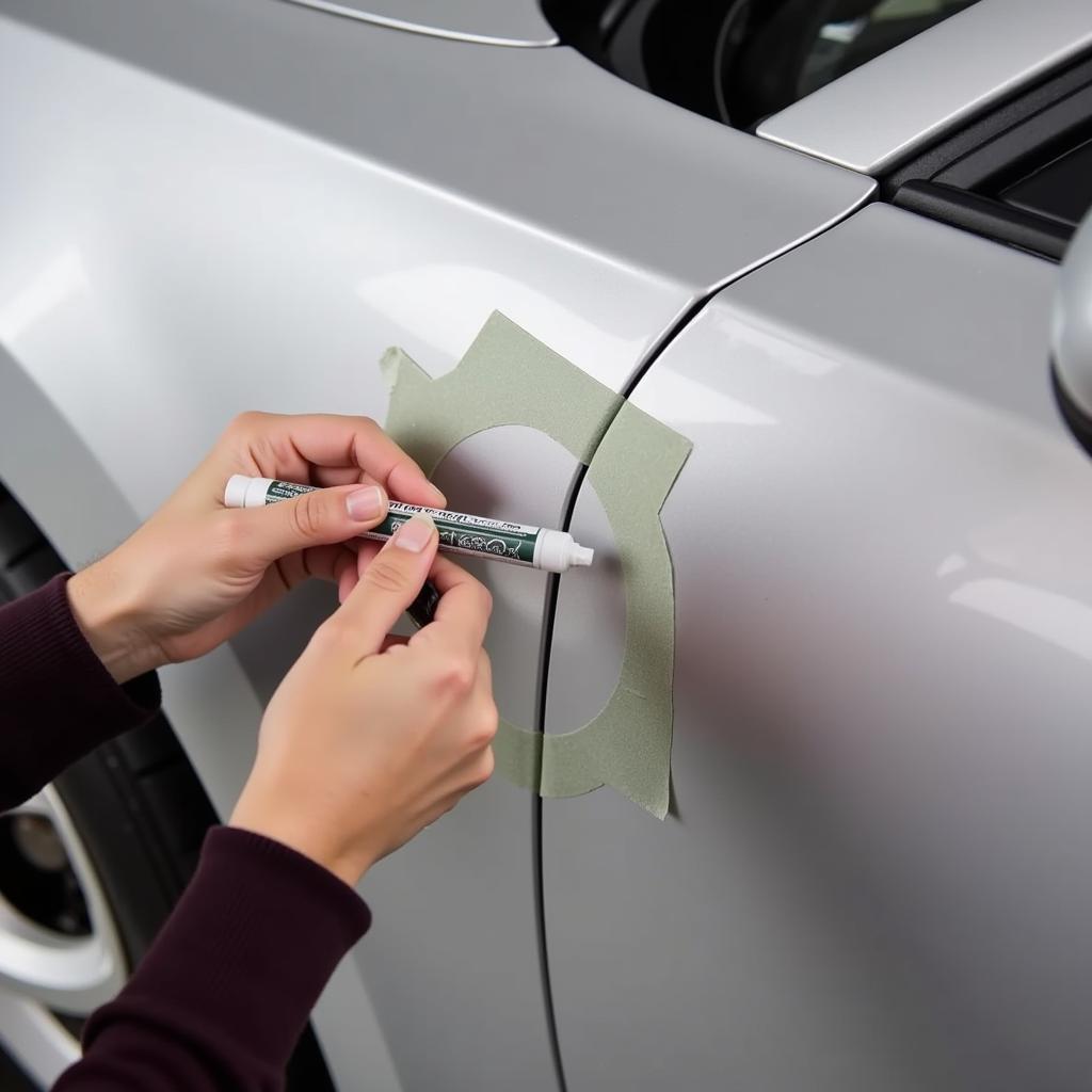 Applying touch-up paint to a car scratch