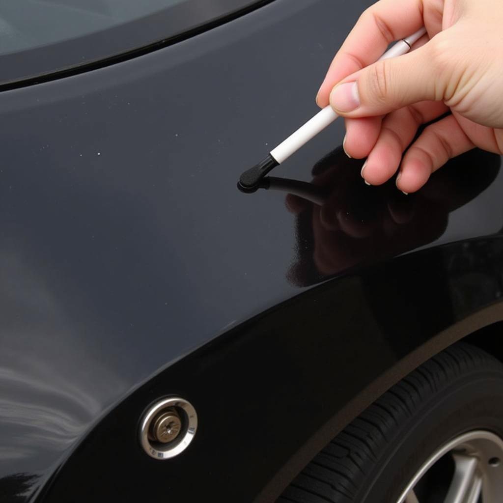 Applying touch-up paint to a black car with a precision applicator