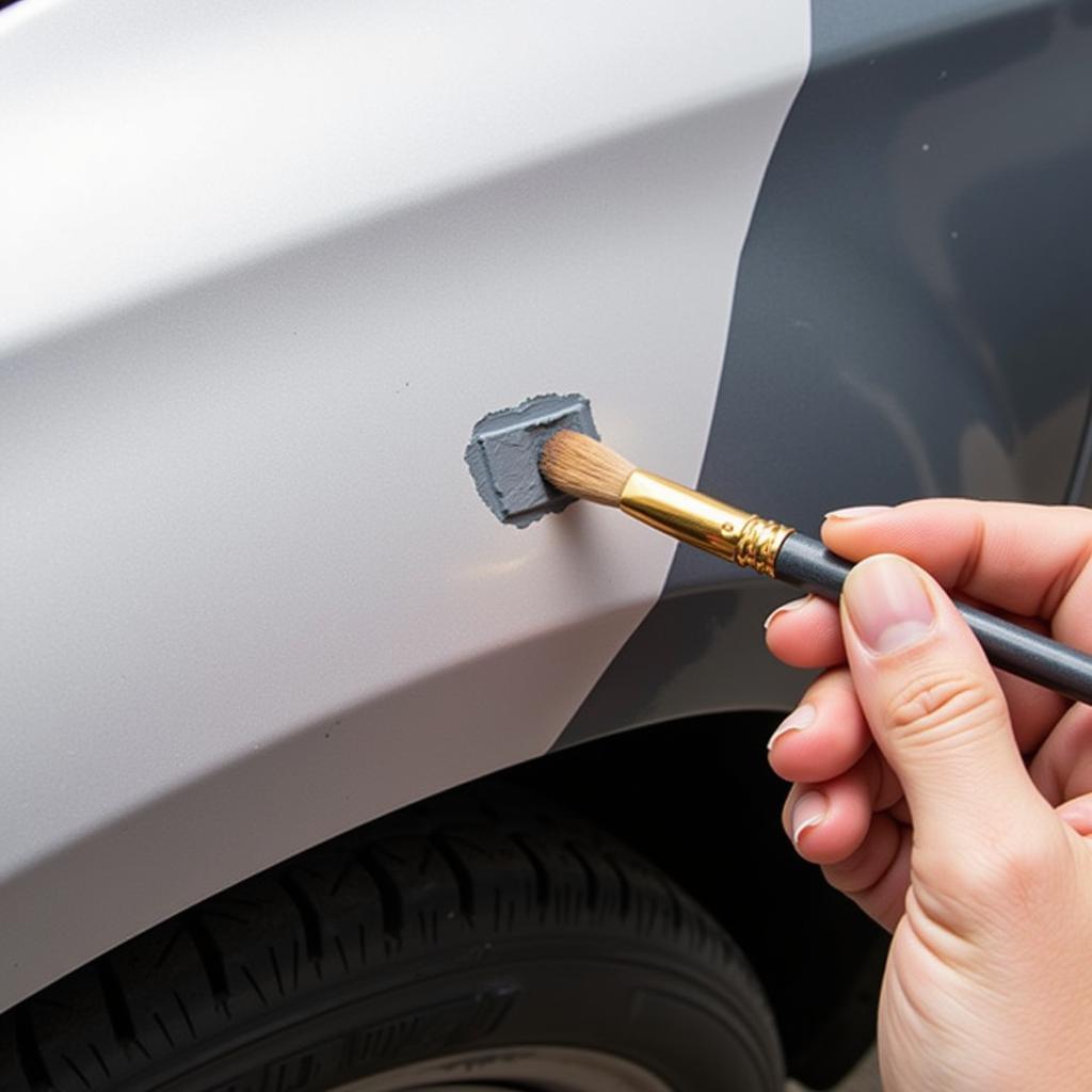 Applying touch-up paint to a chipped area on a car using a fine-tipped brush.