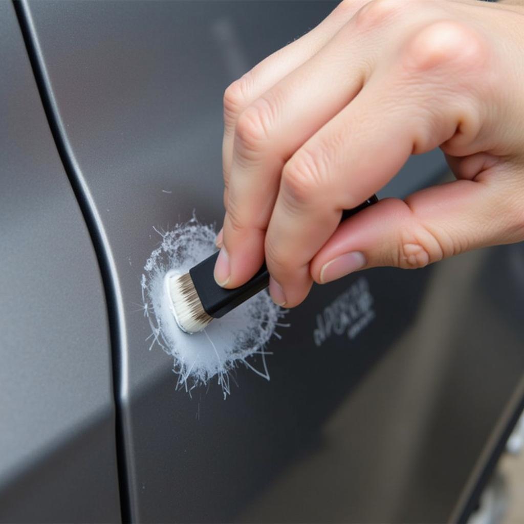 Applying touch-up paint to a car scratch using a fine-tipped brush