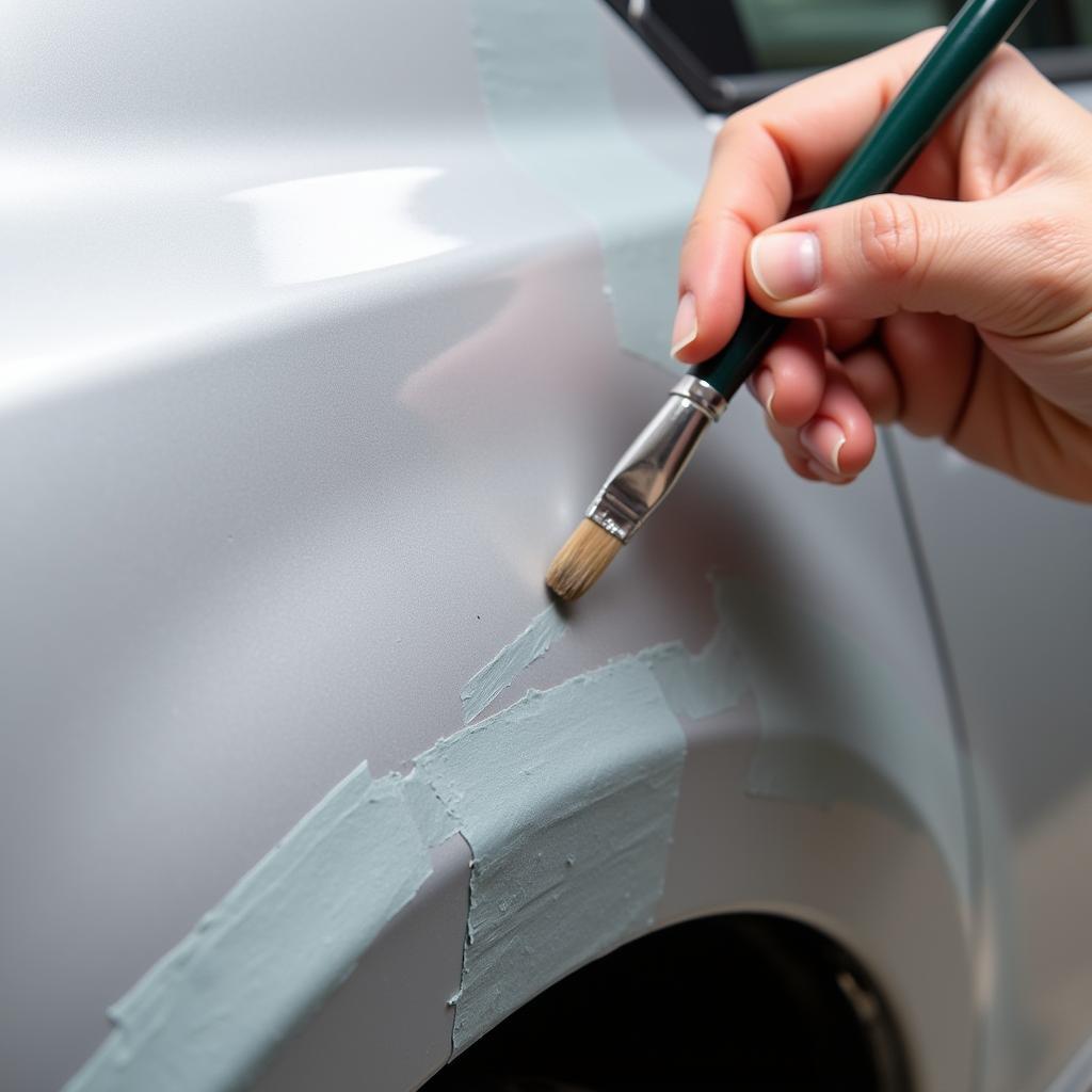 Applying touch-up paint to a deep scratch on a car fender