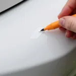 Applying white repair pen to a plastic car bumper