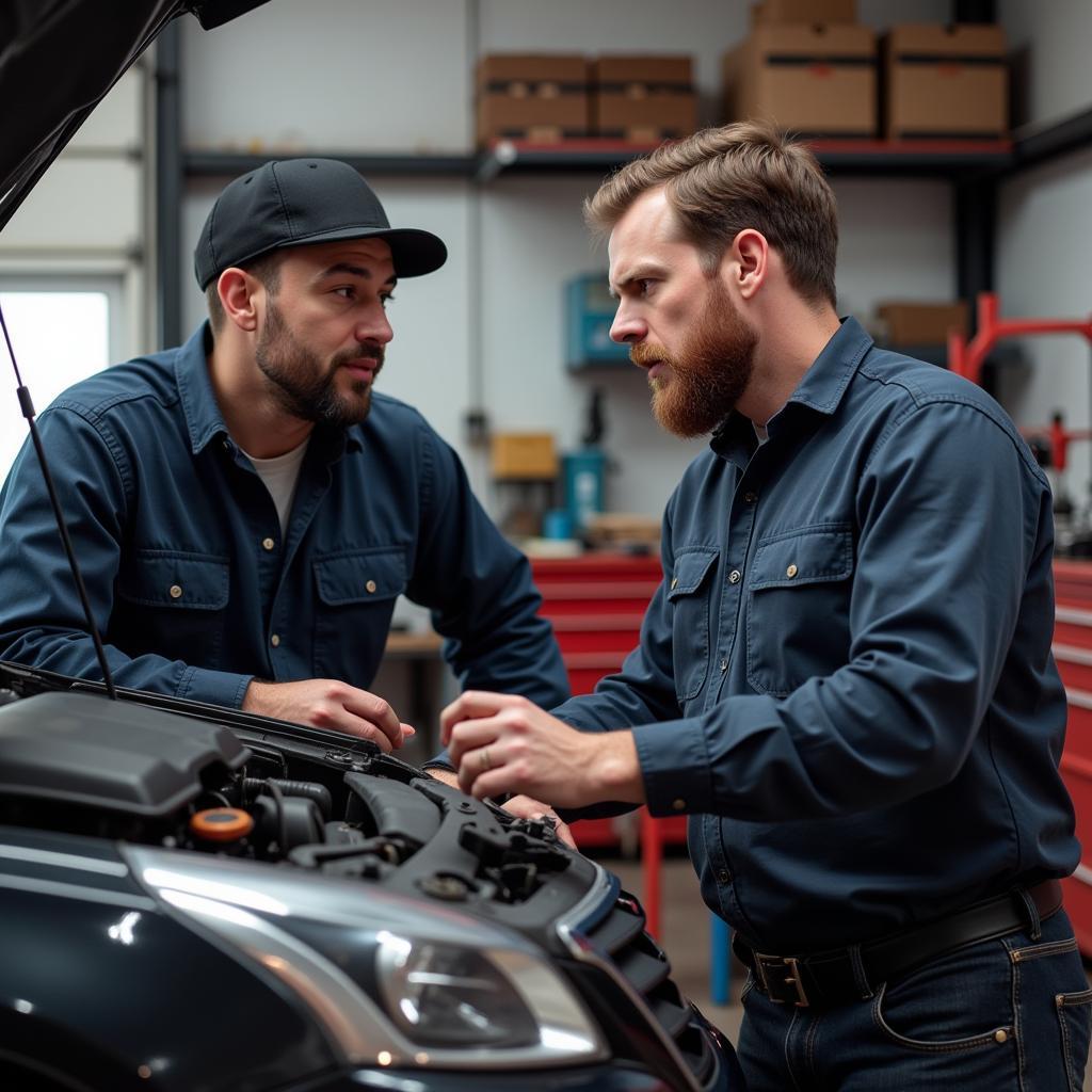 A customer asking questions to a car mechanic about repairs near their location.