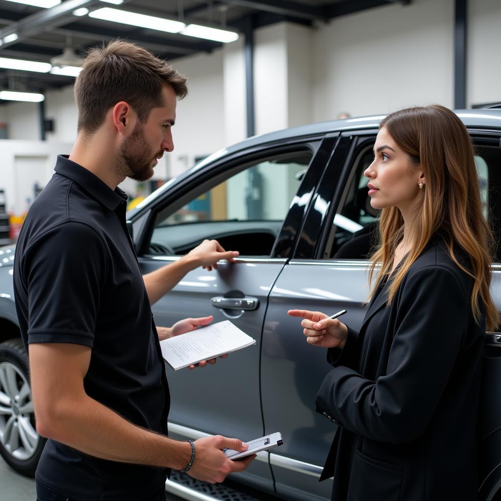 Customer Asking Questions at a Car Bodyshop