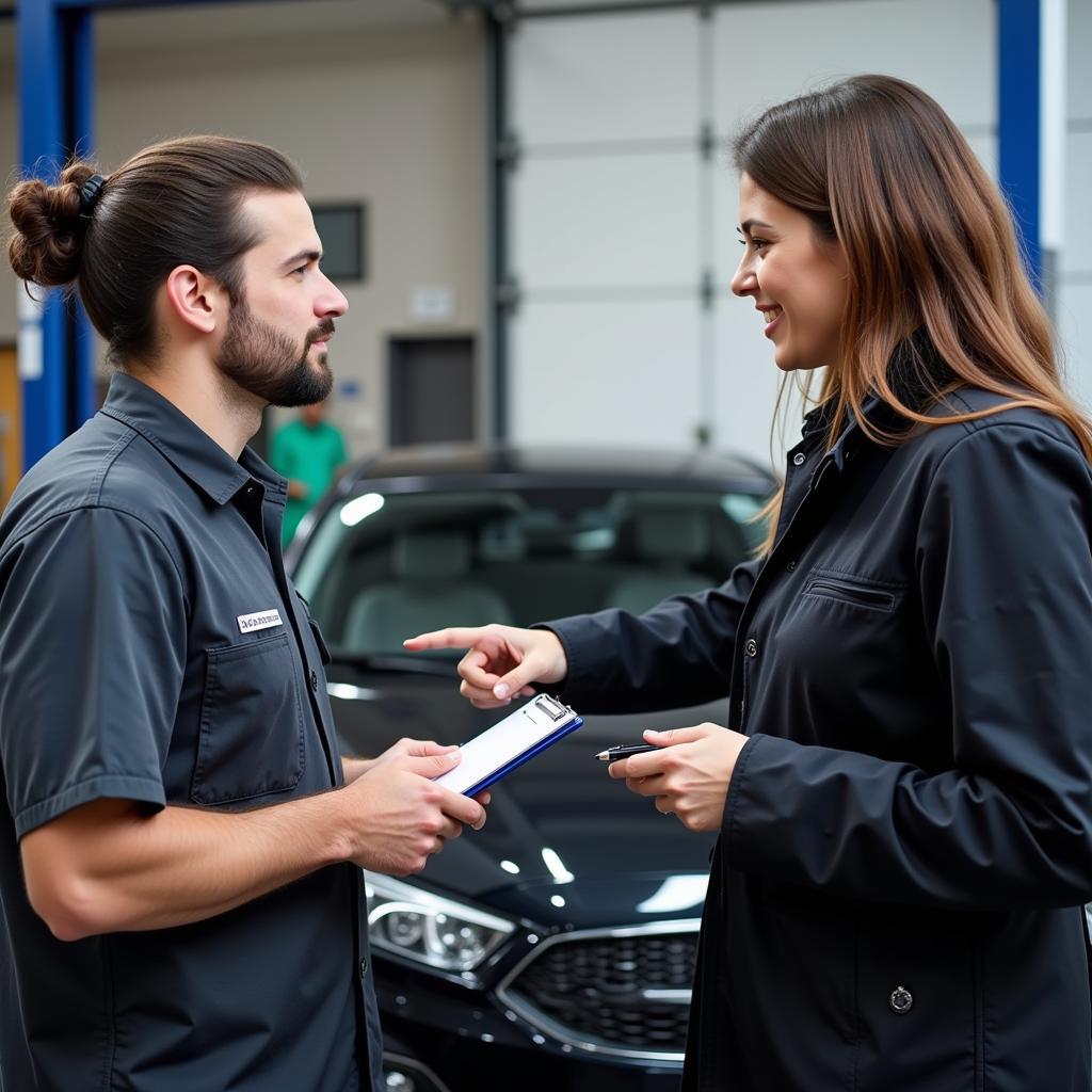 A customer talking to a car repair specialist.