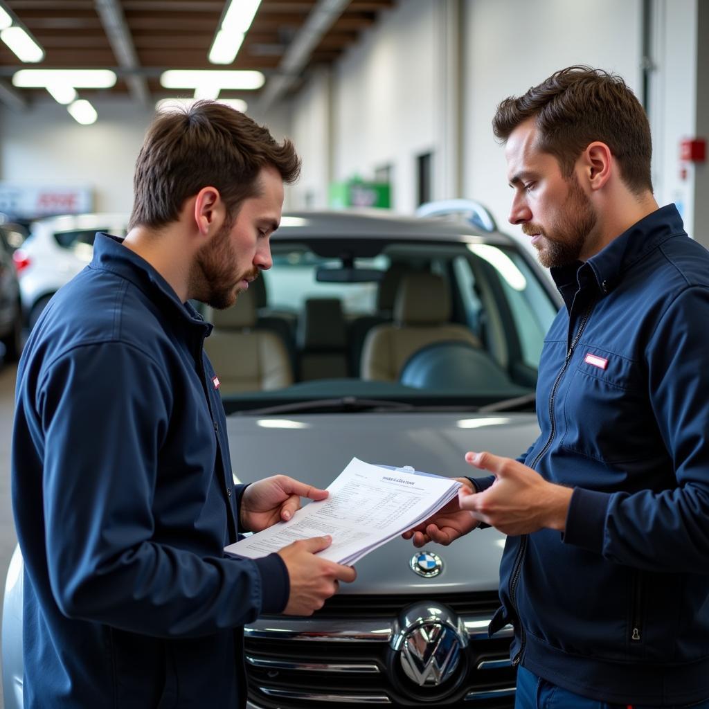 Customer talking to a car repair specialist in Hertford.