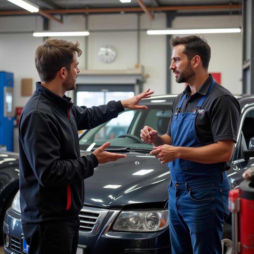 Customer Asking Questions at a Car Repair Shop in Offerton