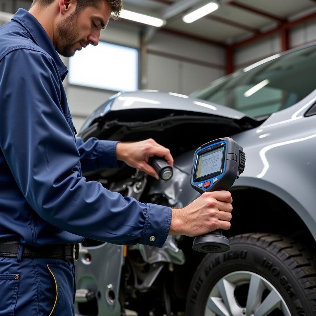 Technician assessing car damage in Sussex after a collision