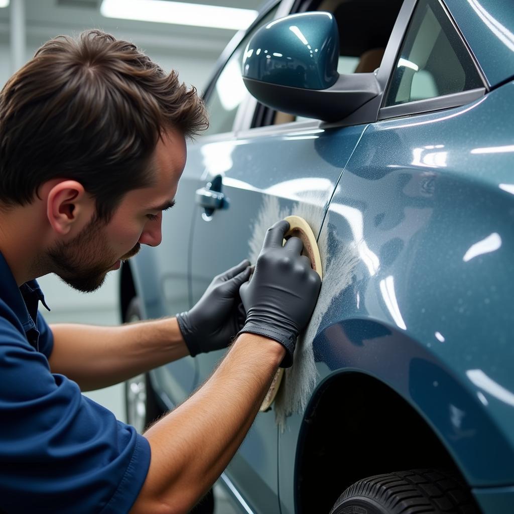 Auto Body Technician Repairing Paint Blister on Car