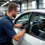 Certified Auto Glass Repair Technician Replacing a Car Window