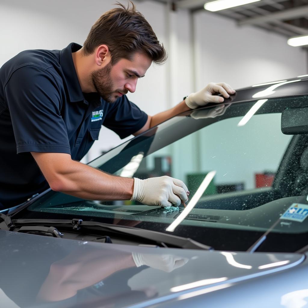 Auto Glass Technician Replacing Windshield