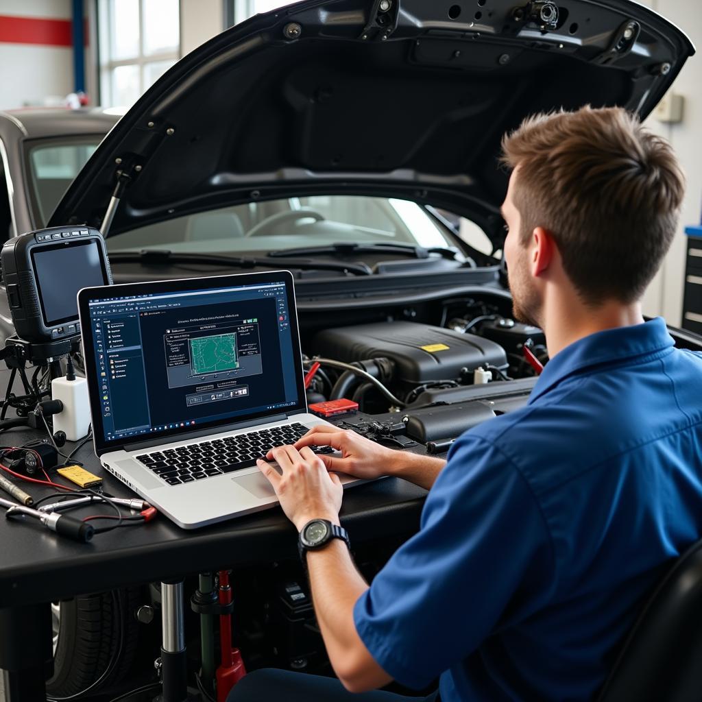 An automotive technician working on a car engine using specialized diagnostic equipment.