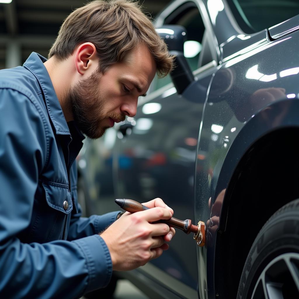 A skilled car body repair technician in Bedford working on a damaged vehicle.