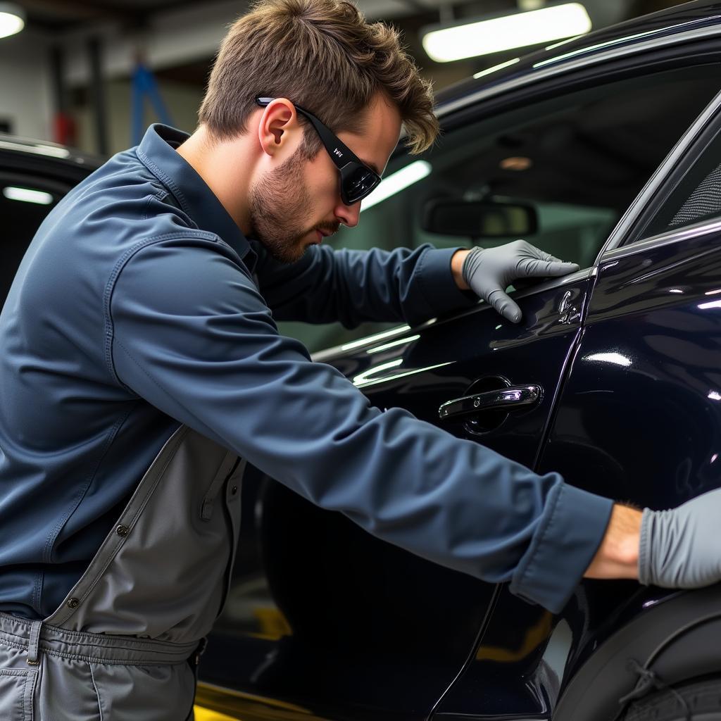 Bentley Certified Repair Technician Working on a Body Panel